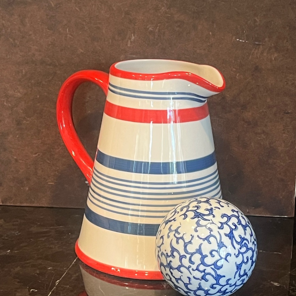 Tag Ceramic Pitcher with Red and Blue Stripes